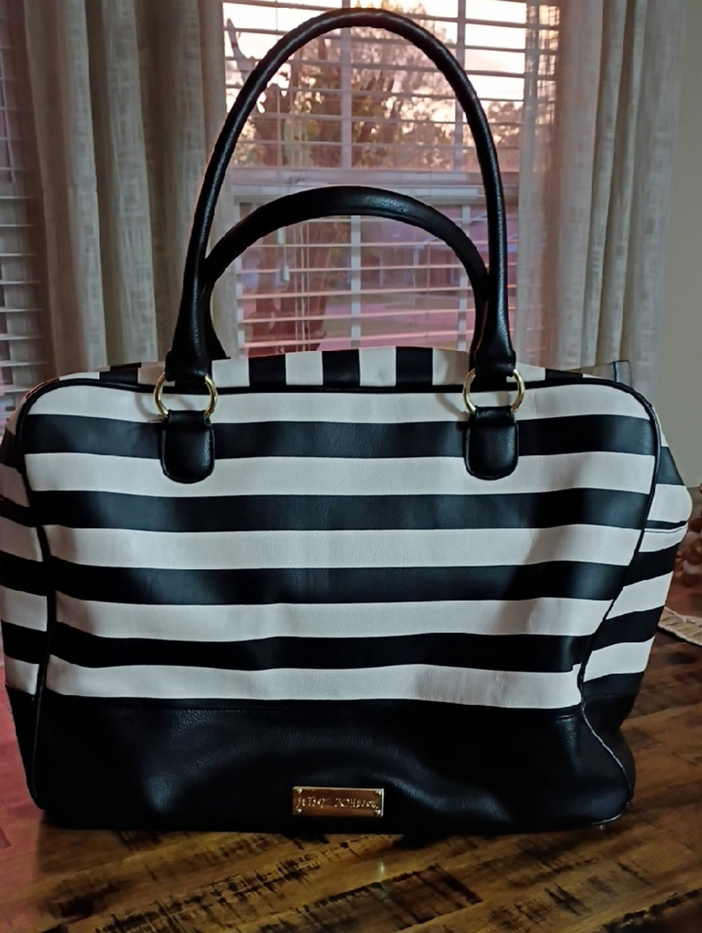 Striped Black & White Tote with Pink Bow - Picture 2 of 7